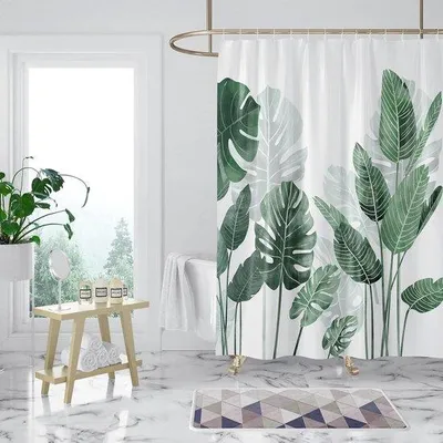 Produktbild von Famanu Duschvorhang 120 x 180 cm - Schimmelresistent, wasserabweisend, grüne Blätter