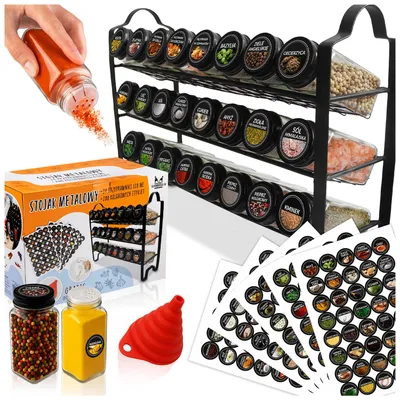 Zdjęcie produktu dla SuperButelki - Przyprawnik z 24 słoiczkami 120 ml, 3-poziomowy metalowy stojak, 200 etykiet, lejek – organizer kuchenny na przyprawy, zioła i dodatki