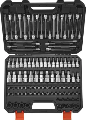 Obrázek produktu pro Sada bitů a nástrčných klíčů – 107 dílů – šestihranné, Torx a vnější Torx, odolné proti manipulaci – extra dlouhé – ocel S2 a Cr-V – s úložným kufříkem