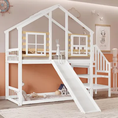 Produktbild von Kinderbett mit Treppe Rutsche und Fenster Blockhaus Etagenbett Jugendbett 90x200cm Weiß