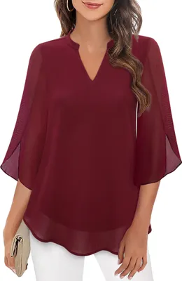 Produktbild von ASKSA Damen T-Shirt V-Ausschnitt 3/4 aermel Sommer Bluse Elegant Einfarbig Laessig Arbeits Doppellagig Rueschenaermel Oberteile (Rot,S)