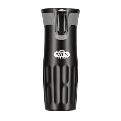 A black thermobecher with a gray lid and a logo on the front.