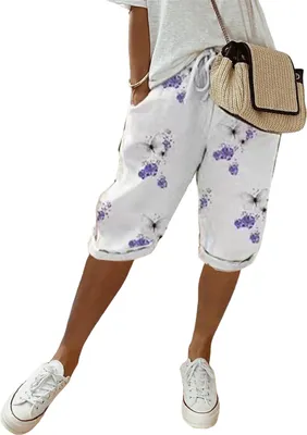 Produktbild von ASKSA Damen Sommer Leinenhose Luftig Hohe Taille Caprihose Locker Elastisch Strandhose Kurzehose, B-Weiss, Groesse: M