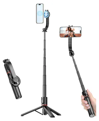 Produktbild von 41,1-Zoll-Magnet-Selfie-Stick-Desktop-Stativ mit Teleskopstange, 240¡ã drehbarer magnetischer Telefonhalter, Kaltschuhhalterung mit Magnetring und Fernbedienung, kompatibel mit iPhone 15/14/13/12 Android-Smartphone