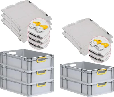 Produktbild von SuperSparSet 5x Eurobox NextGen Color mit Scharnierdeckel und Schiebeschnappverschlüssen | HxBxT 17x40x60cm | 34 Liter | Grau | Griffe gelb offen | Glatter Boden | Eurobehälter, Transportbox, Transportbehälter, Stapelbehälter