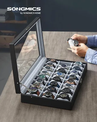 Produktbild von Uhrenbox - Uhrenkoffer/Organizer - Abschließbar - 24 Fächer - Glasdeckel - Schwarz
