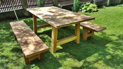 Produktbild von Casa Padrino Gartenmöbel Set Rustikal - Tisch + 2 Garten Bänke (Länge: 200 cm) - Eiche Massivholz