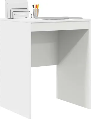 A white desk with a laptop, a letter holder, and pens on top.