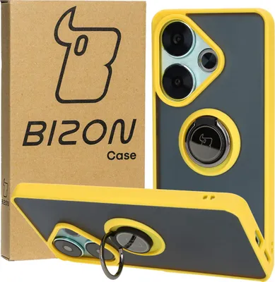 Produktbild von Bizon Case Hybrid Ring Fingerring Hülle für Xiaomi Poco F6, Rauch mit gelbem Rahmen