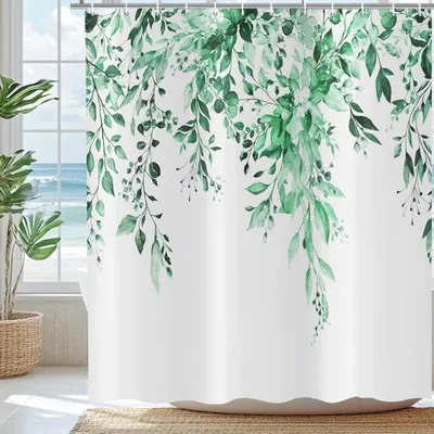 Produktbild von Duschvorhang 180 x 220 cm - Smaragdgrün Eukalyptus - Aquarelblätter mit Blumen - Wasserdicht und waschbar - ShopFlot