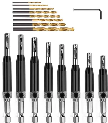 Imagen del producto de Juego de brocas de 17 piezas, autocentrantes, de acero HSS, de 5/64" a 1/4", para bisagras