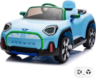 Zdjęcie produktu dla Elektryczny samochód dla dzieci MINI Aceman 12 V (1–5 lat) – oficjalnie licencjonowany, z pilotem, oponami EVA, Bluetooth i skórzanym siedzeniem – elektryczny pojazd dla dzieci – niebieski