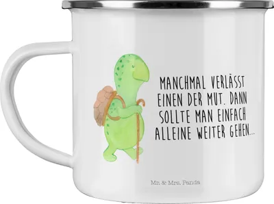 Produktbild von Mr. & Mrs. Panda Teetasse Schildkröte Wanderer - Weiß - Geschenk, becher emaille, Teebecher, Pott, Motivationsspruch, Blechtasse, Motivationssprüche, Rucksack