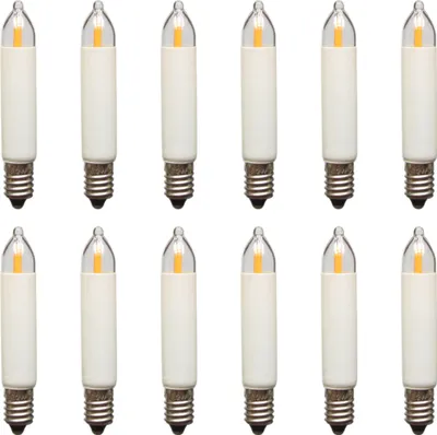 A grid of 12 LED filament candle bulbs with E10 bases, arranged in two rows of six.