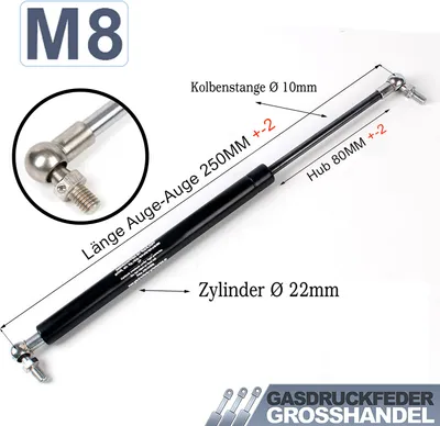 Produktbild von Gasdruckfeder Gasdruckdämpfer Gasfeder mit Kugelkopf LÄNGE-250mm HUB-80mm KRAFT-250N