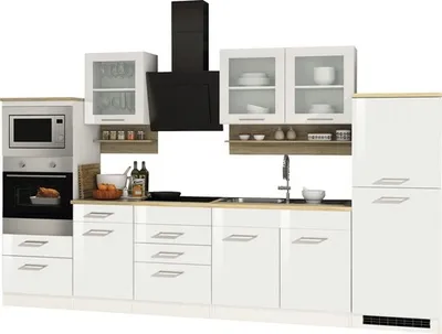 Produktbild von Küchenblock Mailand 330 cm weiß hochglanz mit Glaskeramik Kochfeld Backofen Mikrowelle Kühlschrank Dunsthaube und Spüle