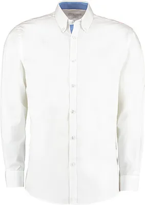 Produktbild von Kustom Kit Contrast Premium Oxford Herren Button Down Langarm Hemd, Größe:S (37cm), Farbe:White/Mid Blue