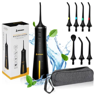 Productafbeelding van Bolusso Waterflosser - Inclusief 7 opzetstukken - Reisaccessoire - E-book - Volledig instelbaar - Mondspoeling - Tongschraper - Mondverzorging - Plaque verwijderaar - Beugelreiniger - Tandsteenverwijderaar - Flosdraadapparaat - NIEUW model
