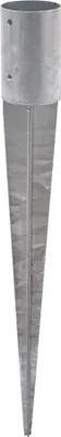 A silver metal ground sleeve with a pointed end for insertion into the ground.