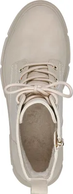 A top-down view of a beige boot.