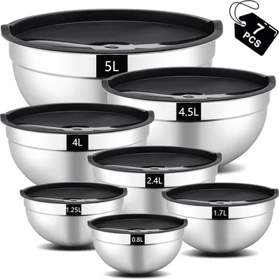 Produktbild von hunnycook Rührschüssel 7-teiliges Set, Edelstahl Salatschüssel mit Deckel, Stapelbares Rührschüssel Set, Mixing Bowls, Spülmaschinenfest, 5L, 4.5L, 4L, 2.4L, 1.7L, 1.25L, 0.8L