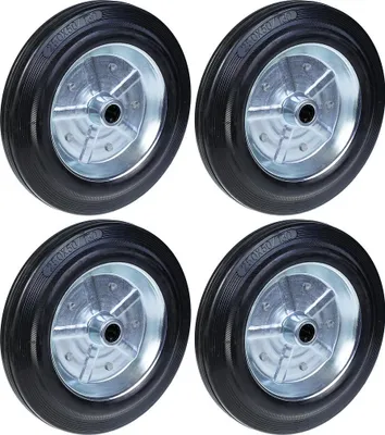 Produktbild von 250mm 10" schwarze Gummiräder mit gepresster Stahlkernbohrung 20mm 210kg - Satz mit