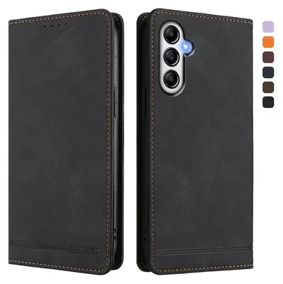 Image de Etui pour Samsung Galaxy A35 5G, étui rétro en cuirPolyuréthaneavec support et fentes pour cartes de crédit Noir