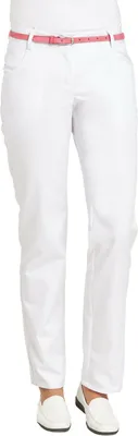 A person wearing white pants and a pink belt.