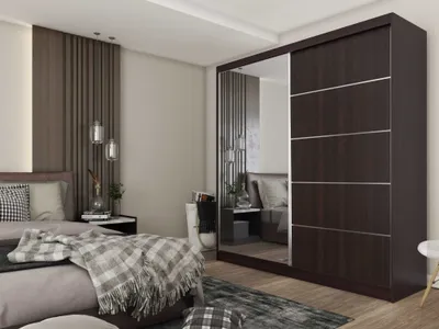 Produktbild von AGMAT Schwebetürenschrank Kira, Kleiderschrank mit 2 Türen und Spiegel, Moderne Garderobe in Farbe: Wenge, Schrank in Größe: 200 x 216 x 61 cm