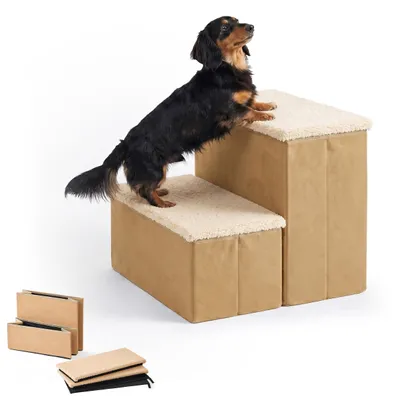 Immagine prodotto di Relaxdays, scaletta per cani, 2 gradini, con spazio contenitore, dimensioni: 32 x 40 x 35 cm, pieghevole, rivestita in tessuto, rampa per cani per letto e divano, color beige