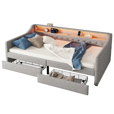 Produktbild von okwish Schlafsofa Daybett 90x200cm Ambientelicht mit Fernbedienung und Schubladen, Tagesbet Jugendbett mit Lattenrost und USB,(Ohne Matratze)-Grau