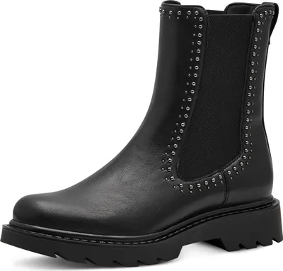 A black leather boot with silver stud detailing.