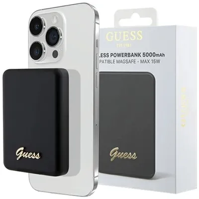 Produktbild von Guess Powerbank GUPBM5ALGSGK, 15 W, 5000 mAh, Schwarz, Schwarz, MagSafe-Logo aus Metall