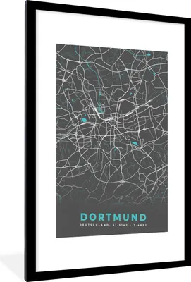 Produktbild von MuchoWow® Gerahmtes Poster Blau - Deutschland - Karte - Stadtplan - Dortmund 60x90 cm - Poster mit Schwarzem Bilderrahmen Wandposter Rahmen Foto Bilder - Dekoration - Wandposter Wohnzimmer - Hochwertig