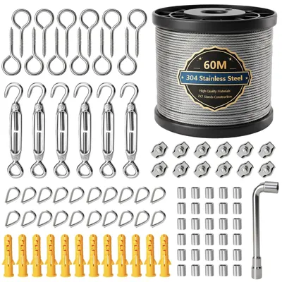 Immagine prodotto di Corda in acciaio, 60 metri di lunghezza, 2 mm di spessore, rivestita in vinile, ideale per piante rampicanti, stendibiancheria, corde per tende. Confezione da 94 pezzi. Filo metallico