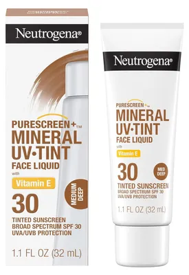 Produktbild von Neutrogena Purescreen+ Getönter Sonnenschutz für das Gesicht mit SPF 30, Breitspektrum-Mineral-Sonnenschutz mit Zinkoxid und Vitamin E, wasserfest, parfümfrei, mitteltief, 1.1 fl oz (32 mL)
