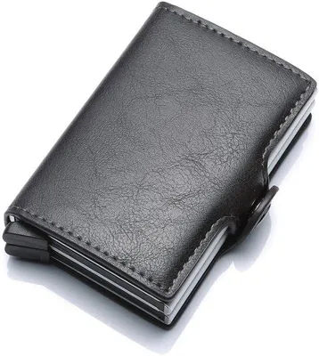 Image de Portefeuille double RFID haut de gamme - Boîtier de protection double enPolyuréthane- Porte-cartes et porte-monnaie avec compartiment pour titres de transport - Porte-cartes à fente en aluminium - Porte-monnaie en métal haut de gamme, couleur gris anthracite