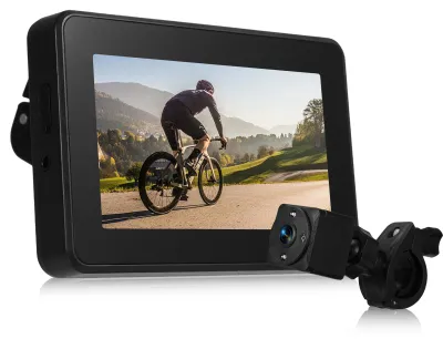 Zdjęcie produktu dla Lusterko rowerowe montowane na kierownicy, kamera rowerowa 1080p z możliwością ładowania, wyposażona w kolorowy monitor 4,3 cala, funkcję noktowizora, szeroki kąt widzenia 110°, uchwyt z regulacją w zakresie 360°, kompatybilna z rowerami górskimi, szosowymi i elektrycznymi