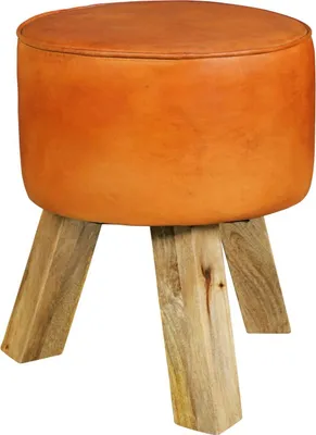 Produktbild von Design Sitzhocker WL5.102 Holz 37x45x37 cm Modern Fußhocker Rund, Turnbock Lederhocker Holzbeine, Kleiner Hocker Massivholz mit Leder Gepolstert , Holzhocker mit Echtleder Braun