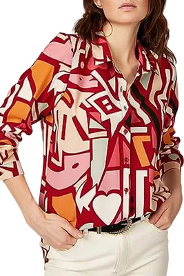 Produktbild von ASKSA Bluse Damen Langarm V-Ausschnitt Streifen Tops Knoepfen Hemden, Rot, XXL