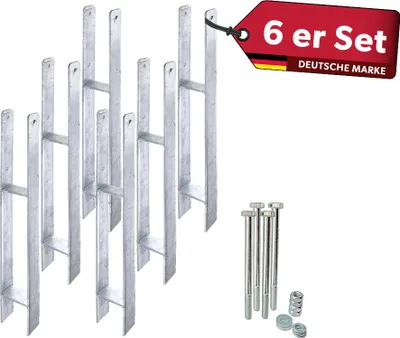 A set of six H-shaped metal post anchors and accompanying bolts and nuts, presented on a white background.