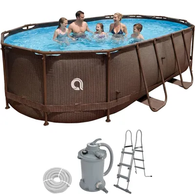 Produktbild von Avenli Frame Oval Pool Set 427x275x100 cm, Aufstellpool, oval, mit Sandfilteranlage, braune Rattanoptik