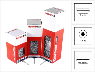 Produktbild von fischer Spanplattenschraube PowerFast, FPF II CTP 4,5 x 40 BC 500 Senkkopf mit Innenstern TX Teilgewinde galvanisch verzinkt, blau passiviert, 500 Stück