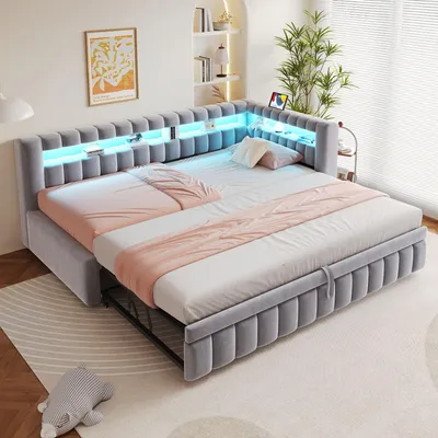 Image de Lit Flieks 90x200 cm avec lit tiroir (90x190 cm), canapé-lit de jour avec port USB et revêtement en similicuir, lit pour adolescents/enfants avec sommier à lattes, en velours, de couleur gris clair