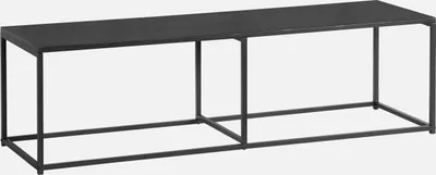 A black metal TV stand with a minimalist design, shown against a white background.