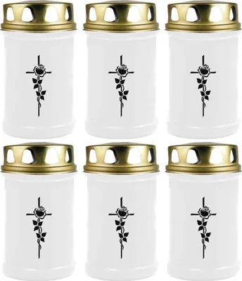 Produktbild von Grabkerze Weiß 6er Pack, Brenndauer: 48 Stunden ( je Kerze ), Motiv: Rose Kreuz
