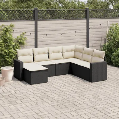 Produktbild von Design 7-tlg. Garten-Sofagarnitur mit Kissen Schwarz Poly Rattan, Gartenmöbel-Sets 2024 Neu