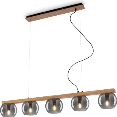 Immagine prodotto di Lampada a sospensione, con legno, vetro fumé, 5xE14/max.1