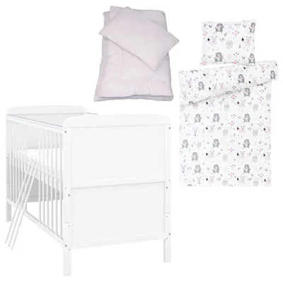 Produktbild von Baby-Delux Babybett Kinderbett Natalie Umbaubar 140x70 Weiß Bettset 4-Tlg Komplett Waldtiere Rosa