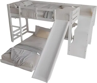 Immagine prodotto di Letto a soppalco per bambini 90x200cm con scivolo, scala ad angolo, ringhiera e finestra - Letto a soppalco multifunzionale con panca, ripiani e spazio di archiviazione - grigio